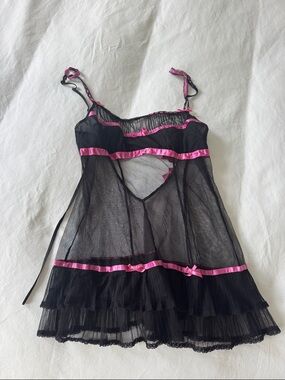 Betsey Johnson Black Sheer Mesh Chemise with Pink Satin Trim